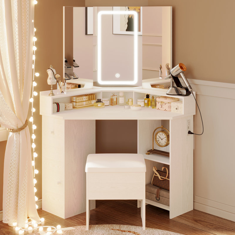 Wrought Studio Ironck Corner Vanity Desk Set With 3 folding Lighted Mirrors Makeup Vanity Table With Charging Station 7 Storage Shelves And Storage Bench For Bedroom Reviews Wayfair